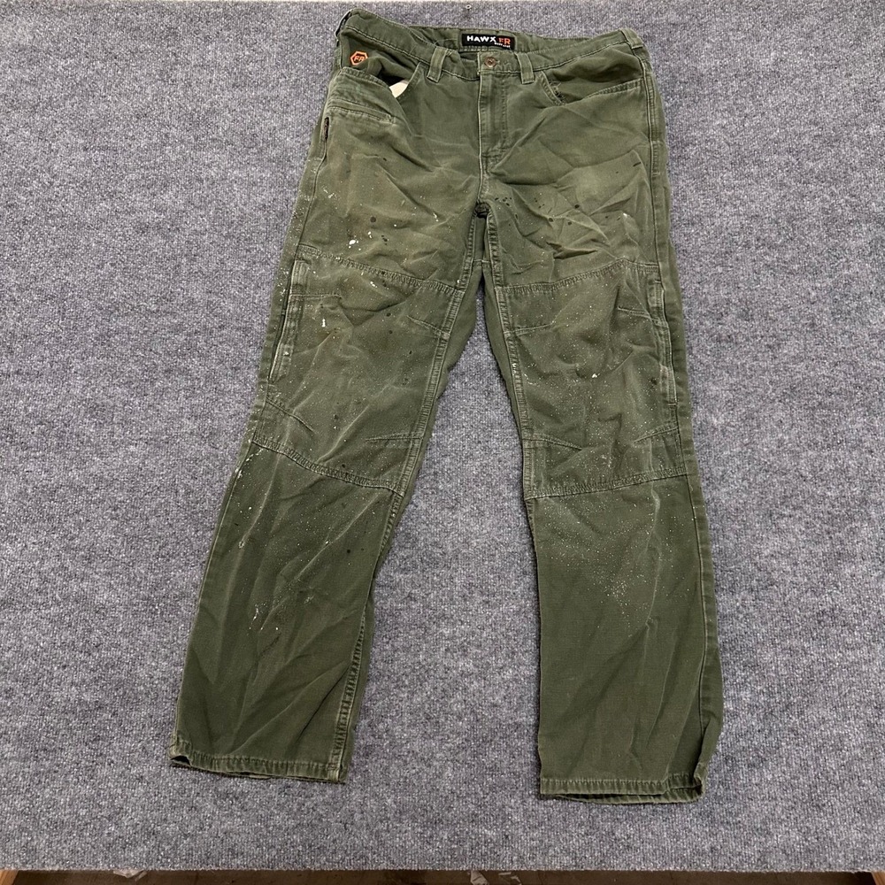 Hawx Work Pants Mens Size 35x32 Olive Green FR Flame Resistant Distressed Paint